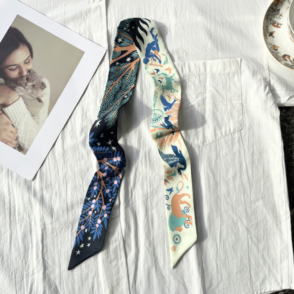 Premium Faux Silk Twilly Scarf – Woodland Print Ribbon Scarf