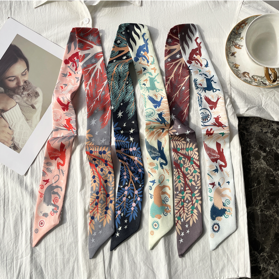 Premium Faux Silk Twilly Scarf – Woodland Print Ribbon Scarf