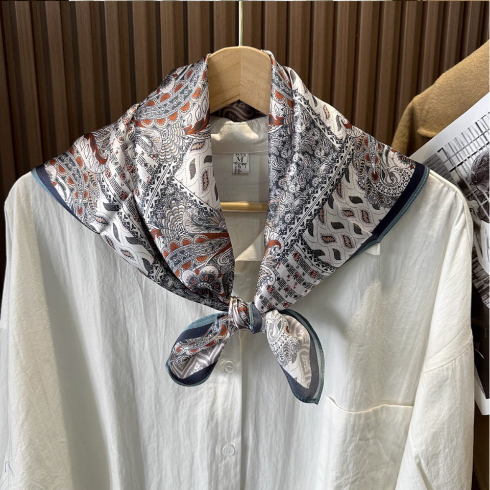 100% Mulberry Silk Square Scarf – Artistic Print Neck Scarf