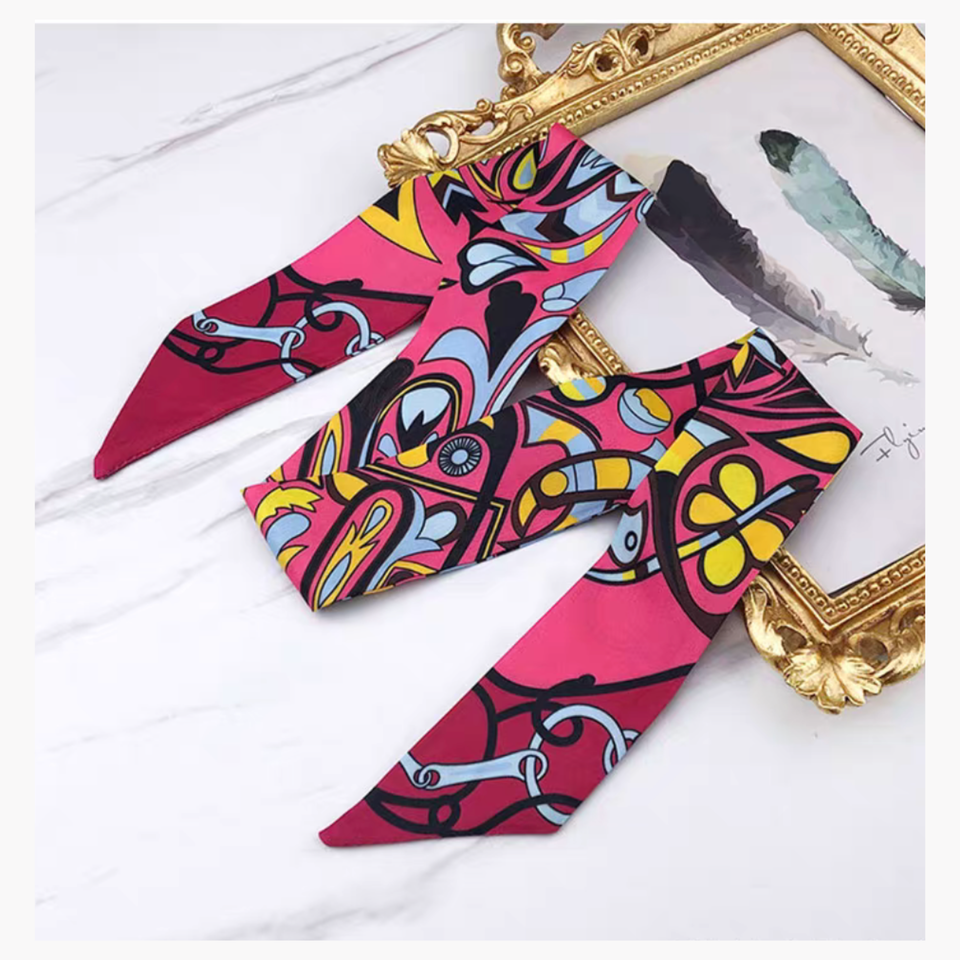 Premium Faux Silk Twilly Scarf – Abstract Print Ribbon Scarf