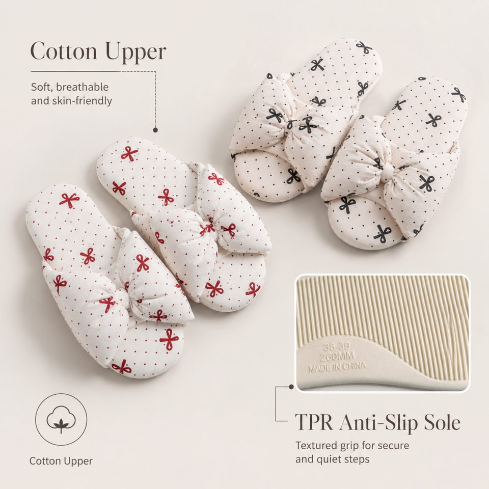 Cotton Bow House Slippers – Soft Everyday Comfort