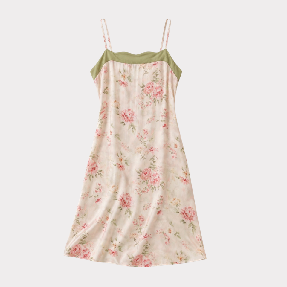 Ivory botanical floral slip nightgown with green neckline trim, front view