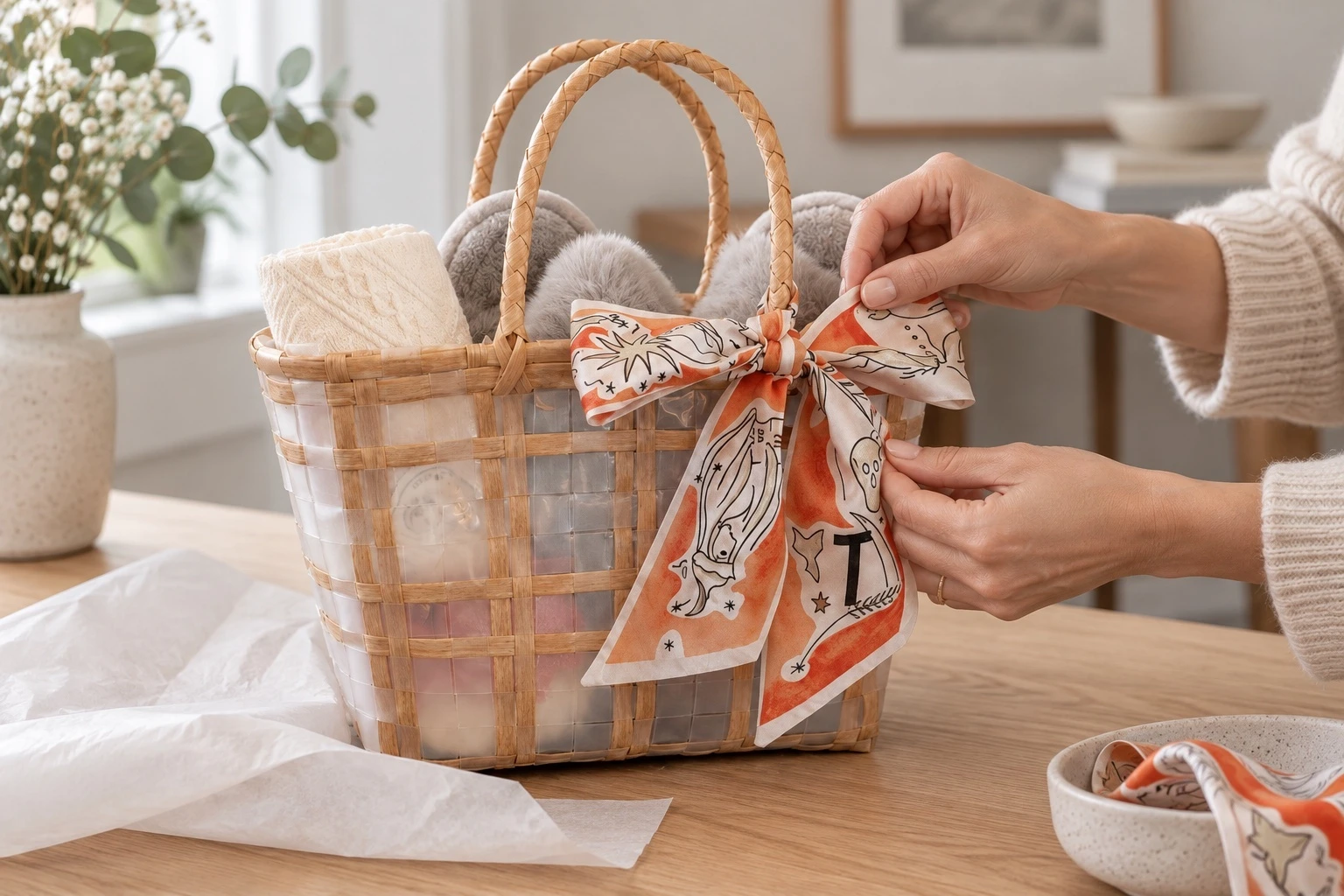 Hands finishing a woven comfort gift basket with an illustrated scarf bow