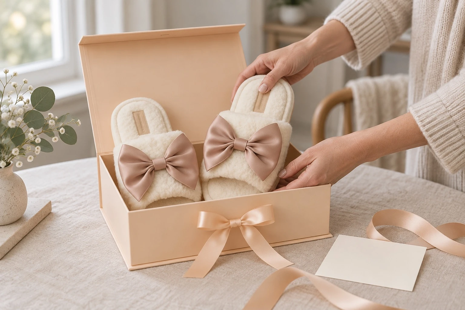Hands placing cream plush bow slippers into a pale blush gift box