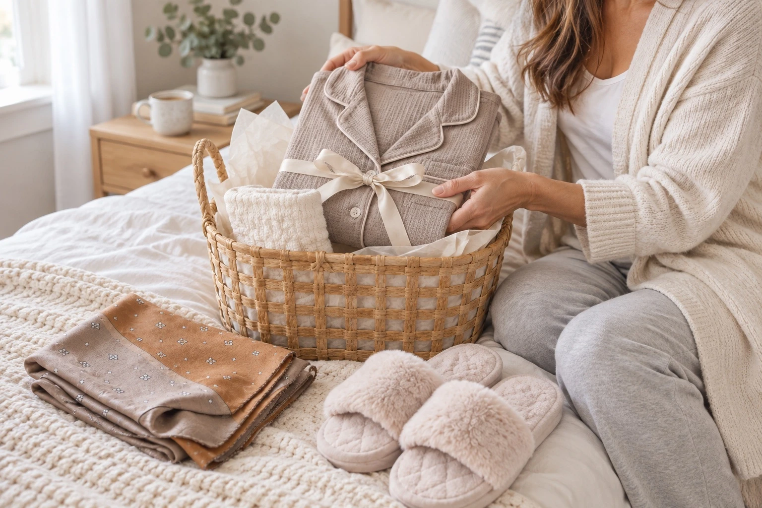 Woman opening a coordinated comfort gift basket with pajamas, slippers and a scarf