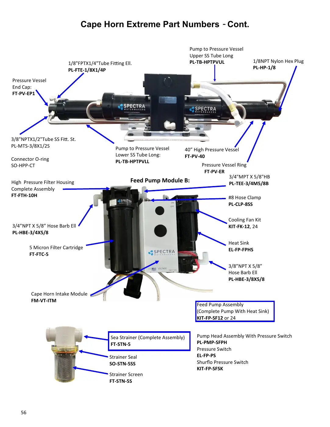 Spectra Cape Horn 330R parts drawing showing seawater filter, pump B, strainer and pressure vessel