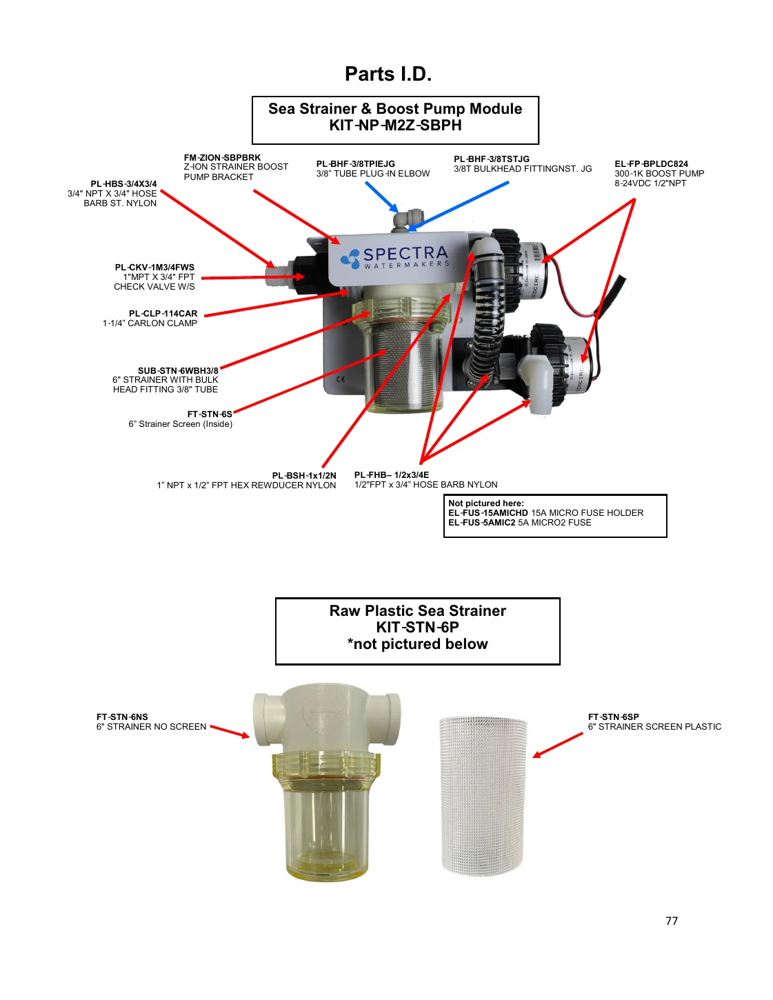 Spectra Catalina 340 Connect sea strainer & boost pumps identification drawing, manual page 77