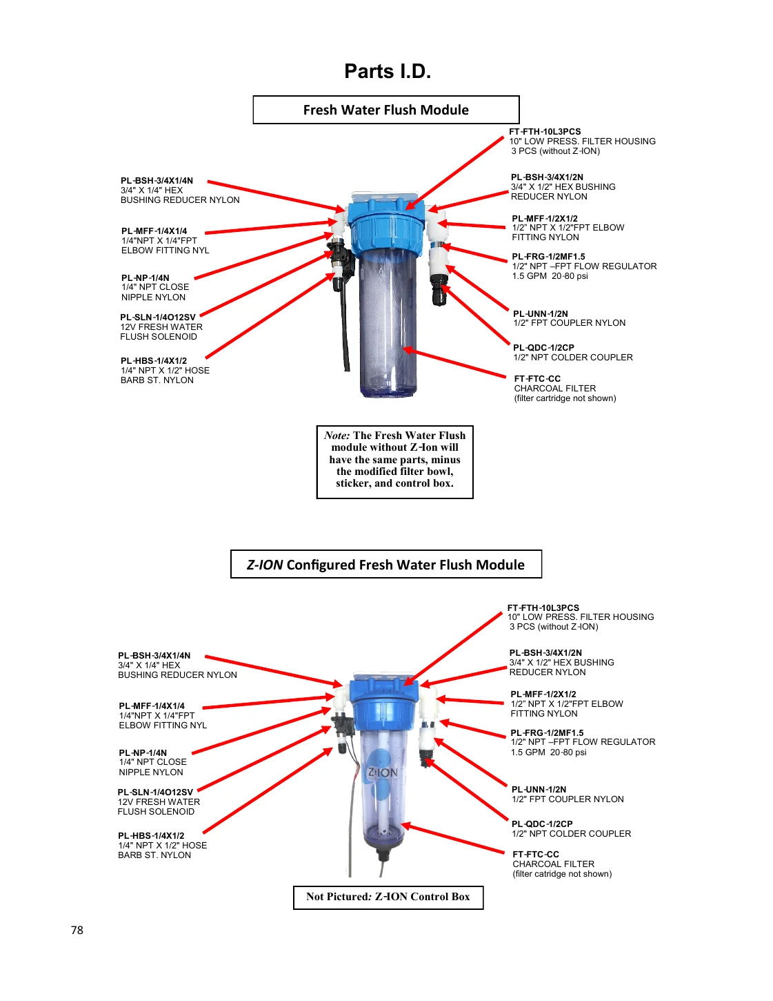 Spectra Catalina 340 Connect freshwater flush & carbon filter identification drawing, manual page 78