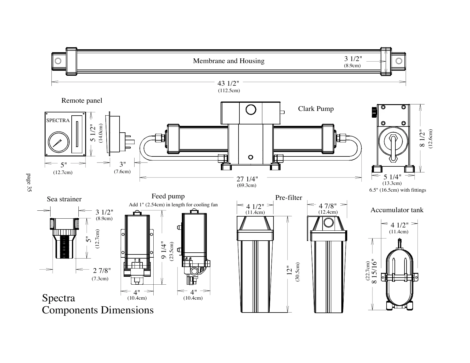 Spectra Original system components and overall dimensions, PDF page 35
