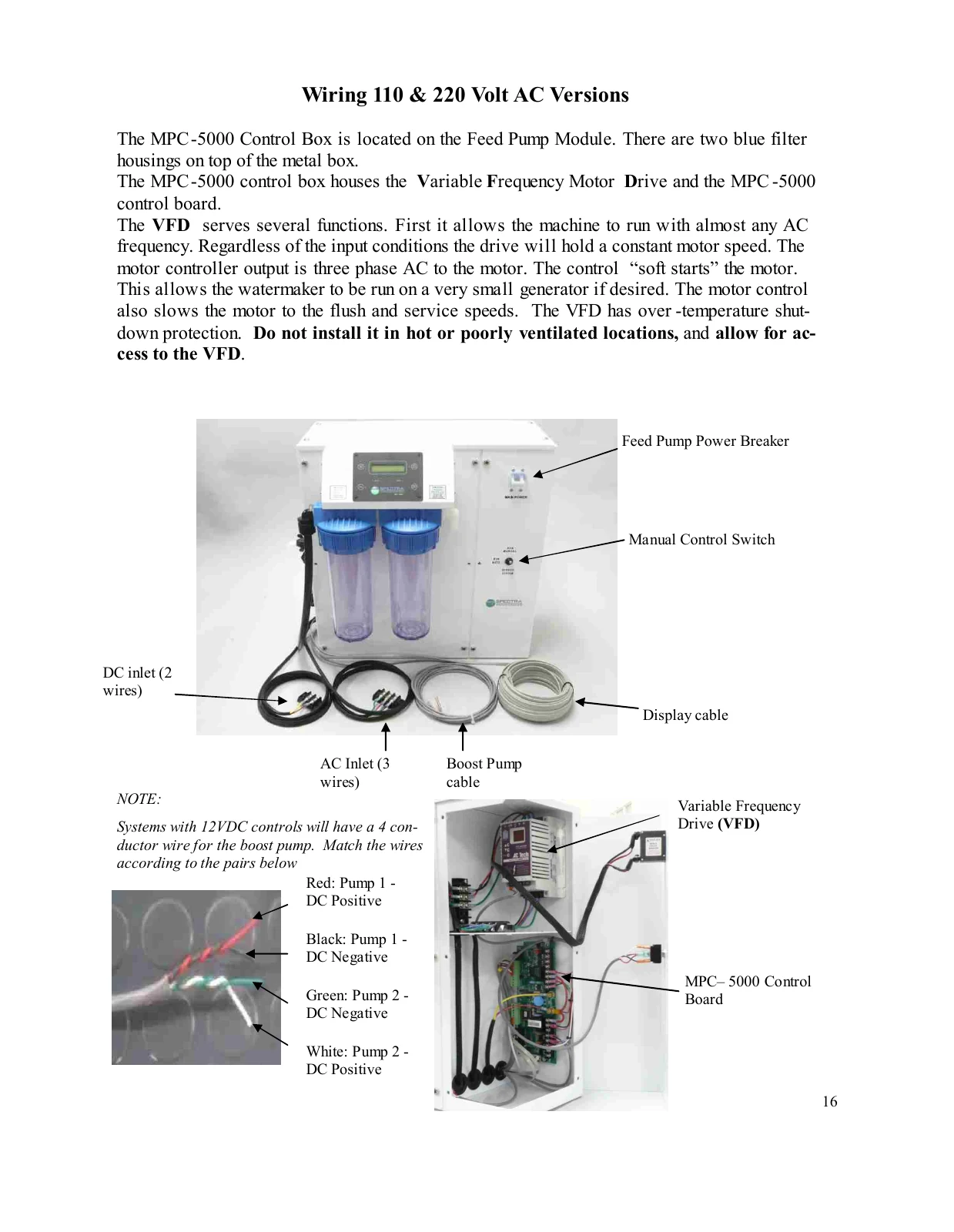 Spectra AC input, separate DC controls and boost-pump cable, PDF page 16