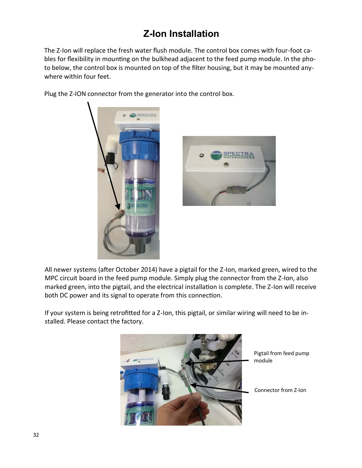 Spectra Optional Z-Ion generator and green pigtail connections, PDF page 32