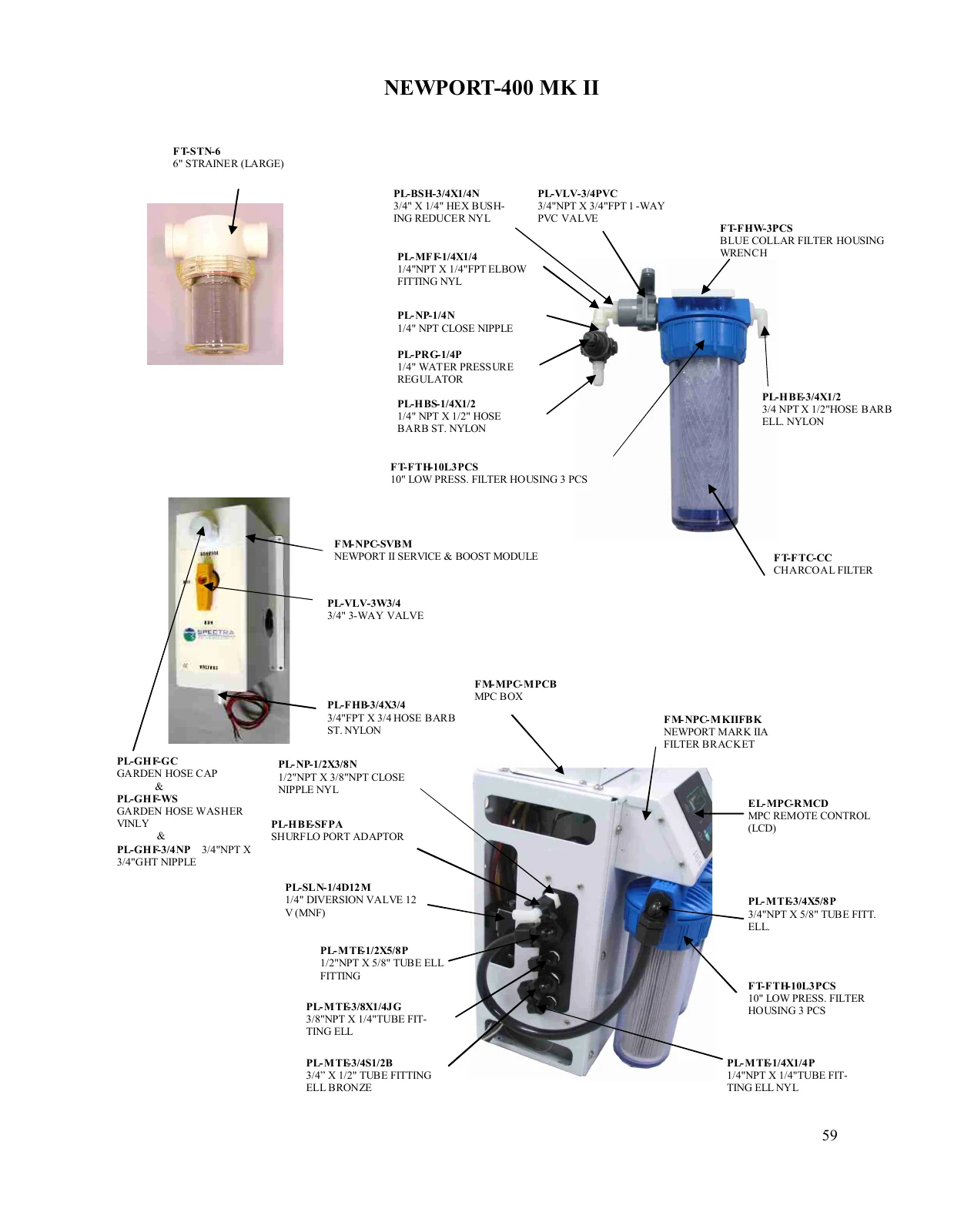 Spectra Newport 400 Mk II: Six-inch strainer, flush housing and filter hardware, manual page 59