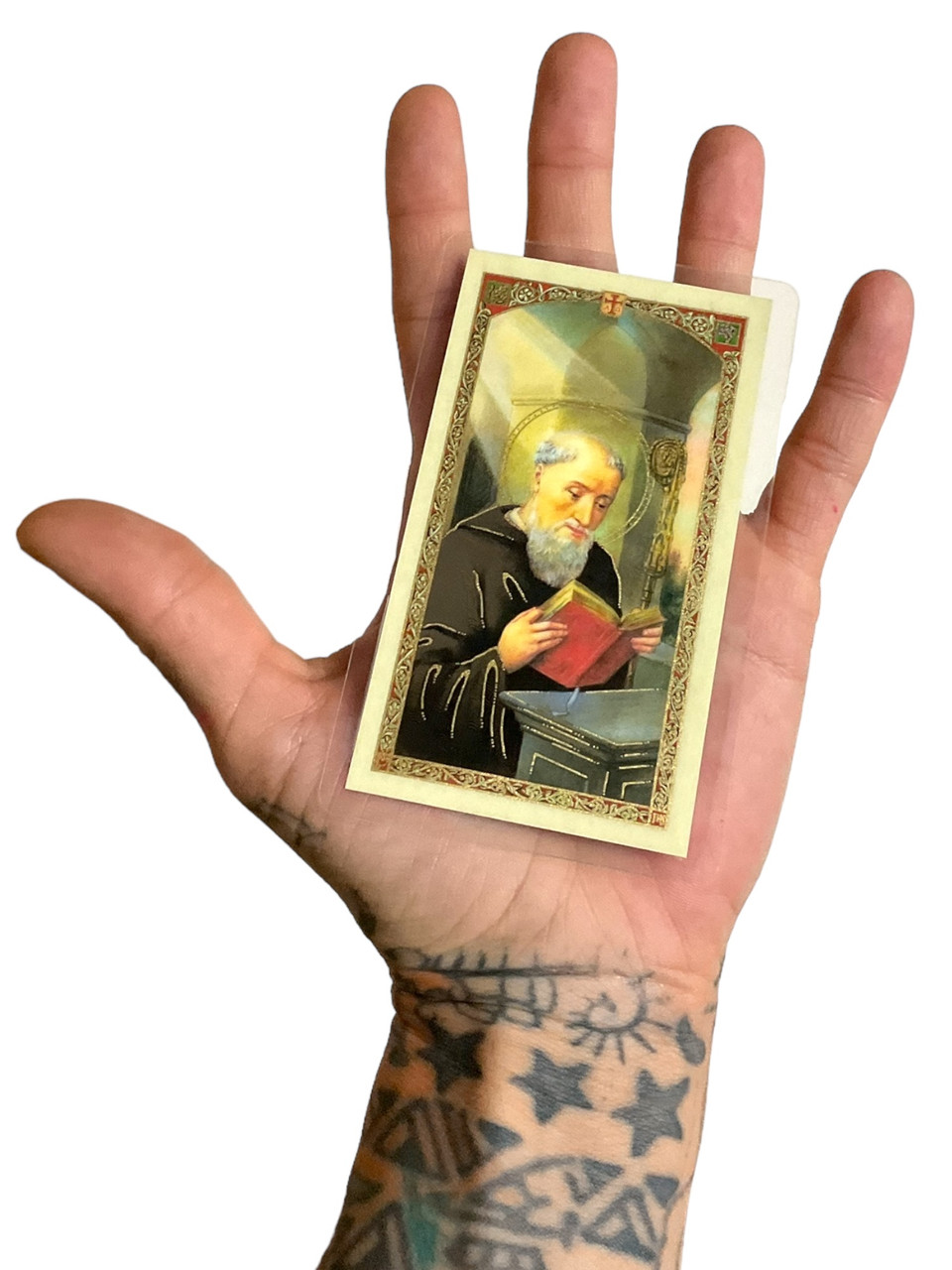 San Benito / Laminated / 4" x 2" / Prayer Card / With Spanish Oracion