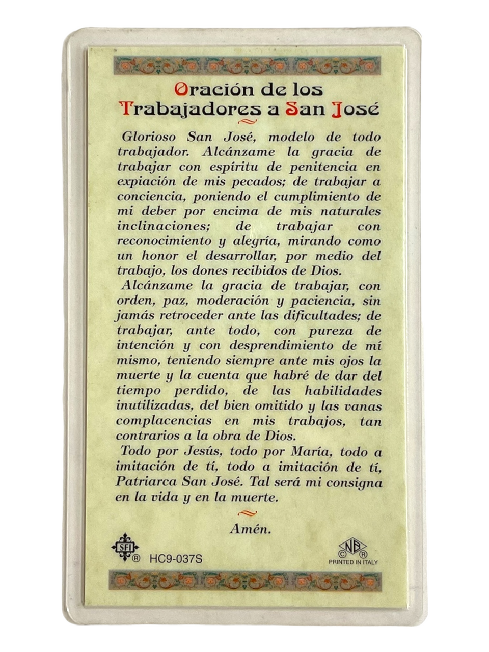 San Jose / Laminated / 4" x 2" / Prayer Card / With Spanish Oracion