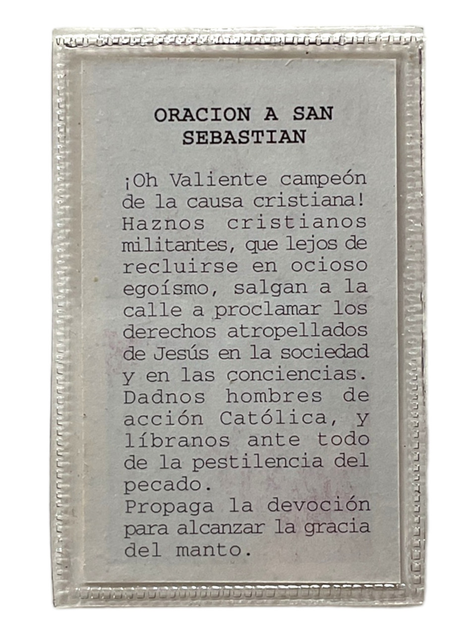 San Sebastian / Laminated / 2.5" / Prayer Card / With Spanish Oracion