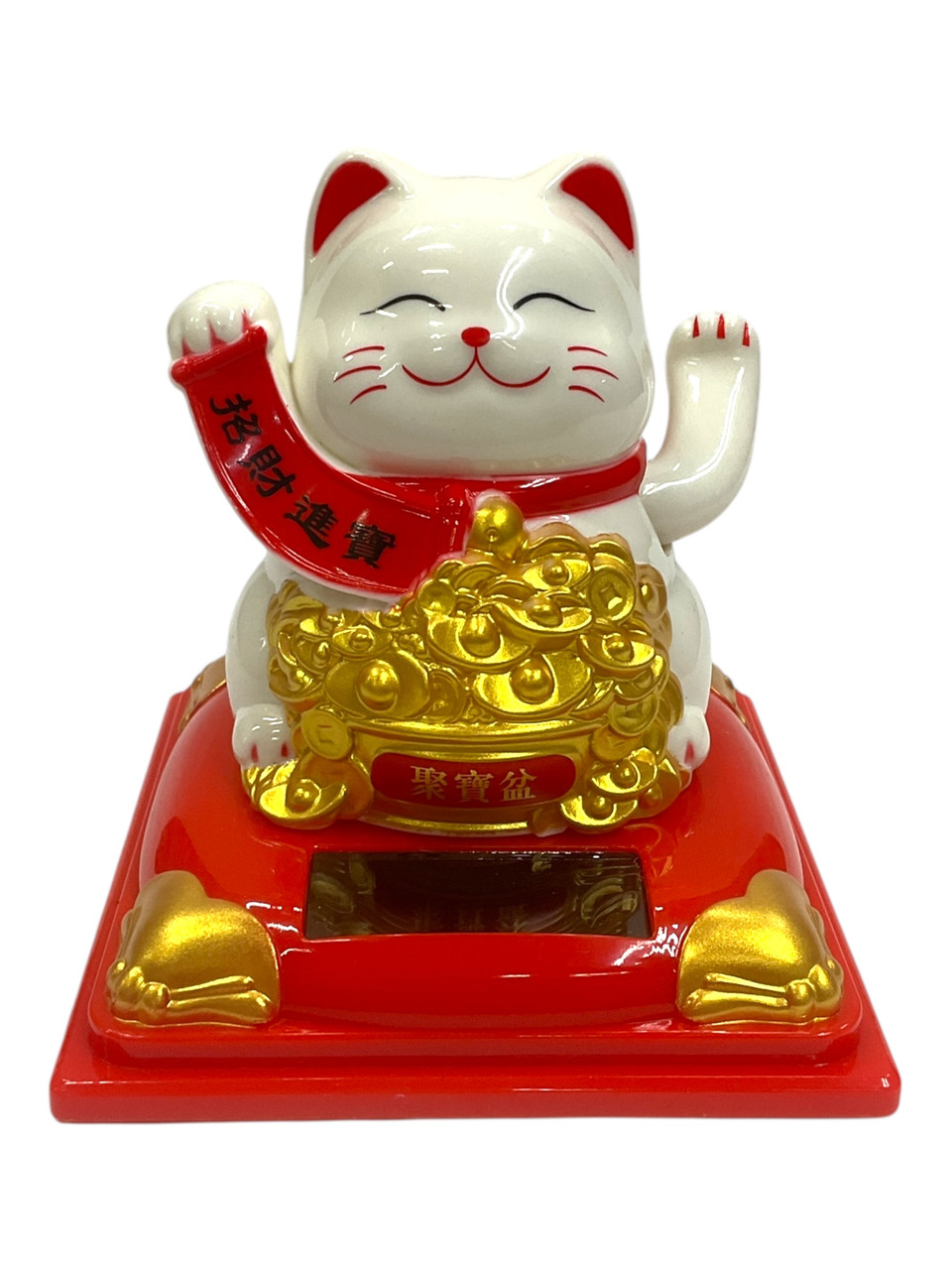 Solar Powered Mini Lucky Cat with Waving Arm – 3” White Japanese