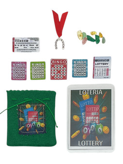 Lottery / Loteria Mojo Bag Kit with prayer card and charms, blue 3-inch bag for fortune and luck in games of chance