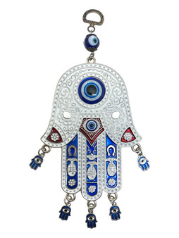 Metal Hamsa hand with blue Evil Eye and dangling charms