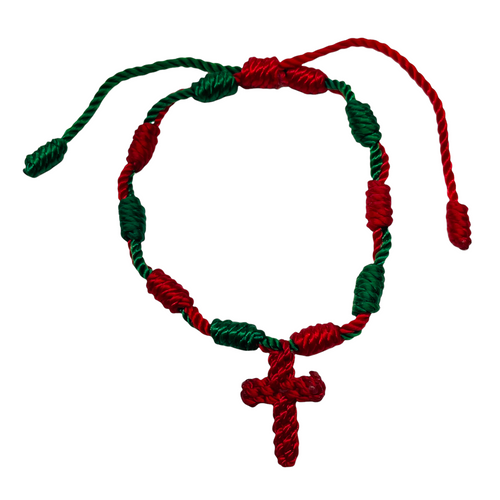 Knotted Cord Rosary Cross Prayer Bracelet GREEN/RED