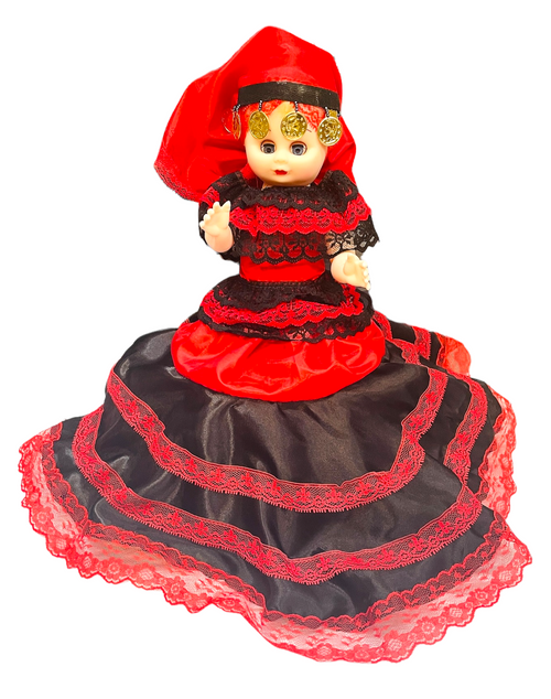 Spirit Doll For Protection, Good Fortune, Connect With Ancestors, ETC. (BLACK & RED DRESS W/ RED HEAD SCARF) 12"