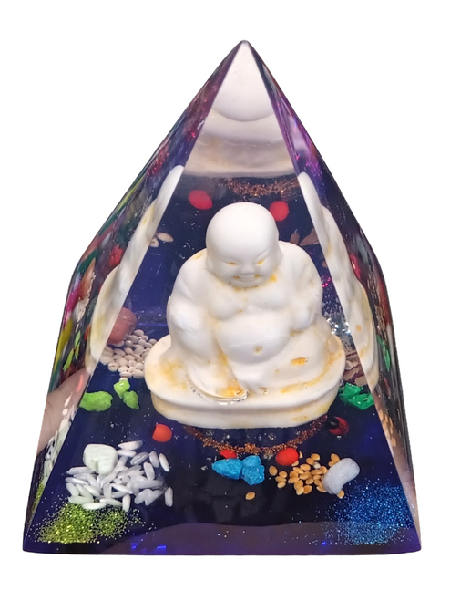 Lucky Buddha Surrounded By Good Luck Charms 4.75" Resin Pyramid *ONE OF A KIND ONLY 1 AVAILABLE*