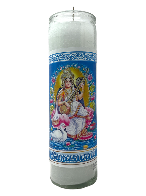 Goddess Saraswati Hindu Saint White 7 Day Mantra Meditation Prayer Candle For Education, Creativity, Music, ETC.
