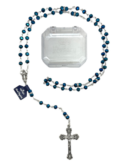 Blue Rondelle Bead Crucifix Rosary Necklace With Storage Box Made In Italy For Prayer, Protection, Peace, ETC.