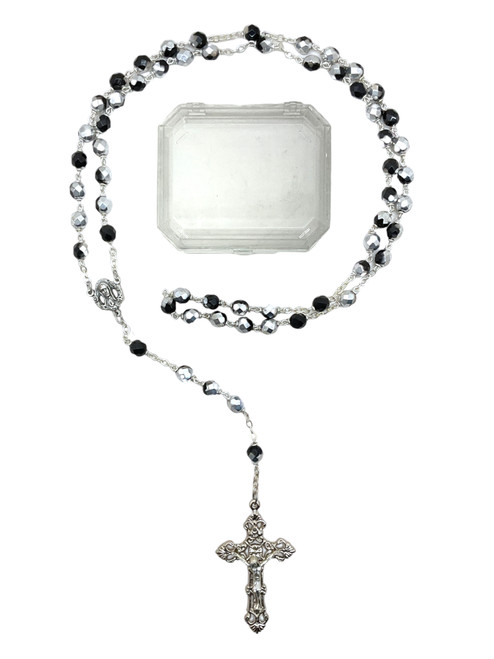 Jet & Silver Crystal Bead Crucifix Rosary Necklace With Storage Box Made In Italy For Prayer, Protection, Peace, ETC.