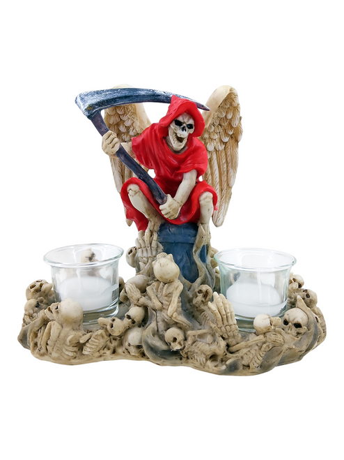 Holy Death Santa Muerte Wearing Red With Double Votive Candle Holder 6" Statue For Protection, Positive Changes, Open Road, ETC.
