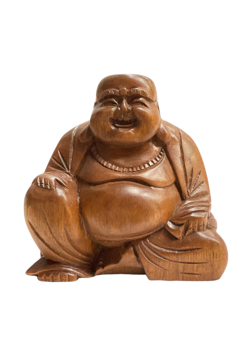 Happy Laughing Wooden Buddha Lucky Feng Shui Decorative 4" Statue For Family Harmony, Health, Peace, ETC.