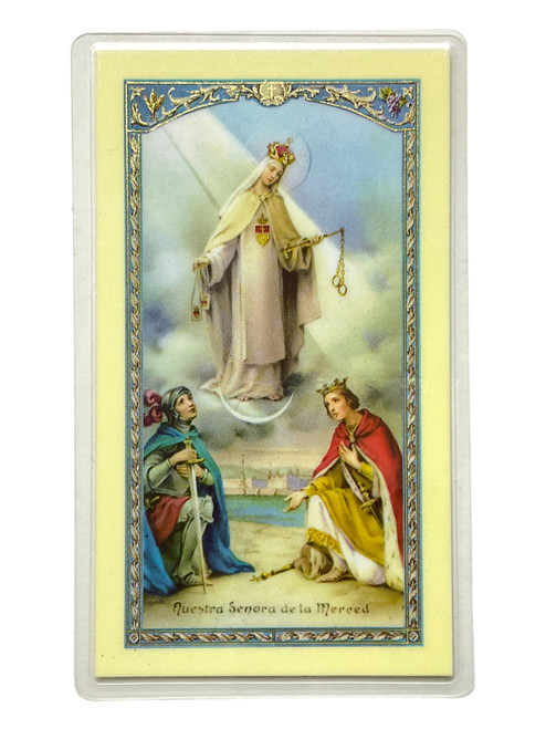 Nuestra Senora De La Merced Laminated 4" x 2.5" Prayer Card With Spanish Oracion