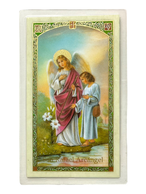 San Rafael Arcangel Laminated 4" x 2.5" Prayer Card With Spanish Oracion