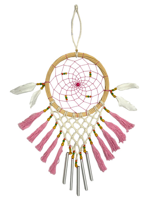 Pink & White Dreamcatcher With Wind Chimes 20" For Good Dreams, Highest Potential, Sacred Connection, ETC.