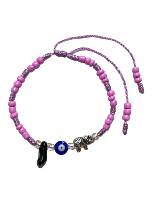 Azabache Evil Eye & Lucky Elephant Purple Adjustable Length Spiritual Bracelet For Protection, Wisdom, Good Luck, ETC.