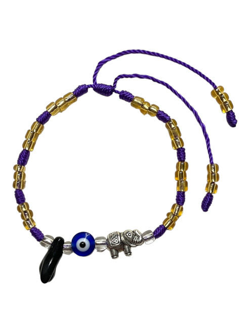 Azabache Evil Eye & Lucky Elephant Purple & Gold Adjustable Length Spiritual Bracelet For Protection, Wisdom, Good Luck, ETC.