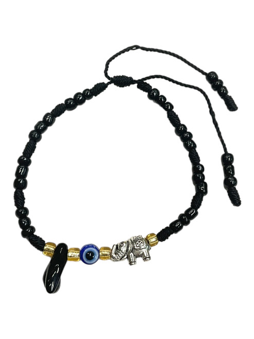 Azabache & Evil Eye & Lucky Elephant Black Adjustable Length Spiritual Bracelet For Protection, Wisdom, Good Luck, ETC.