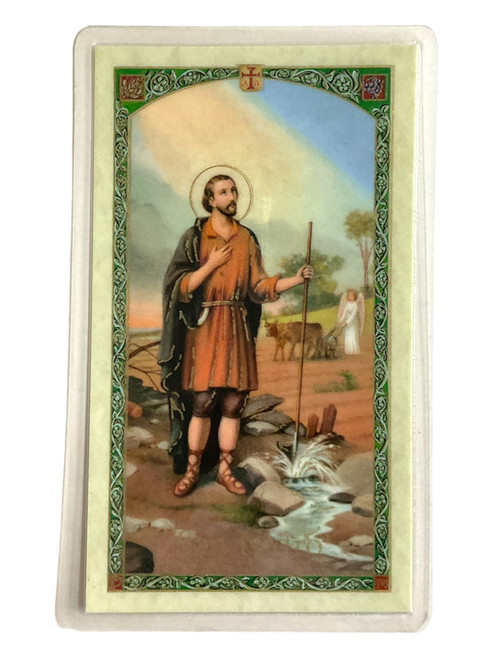 San Isidro Labrador Laminated 4" x 2" Prayer Card With Spanish Oracion