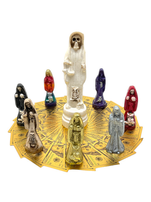 Santa Muerte & Golden Money Circle Talisman 8 Statues Set For Protection, Positive Changes, Open Road, ETC. #6 White Holding Scales