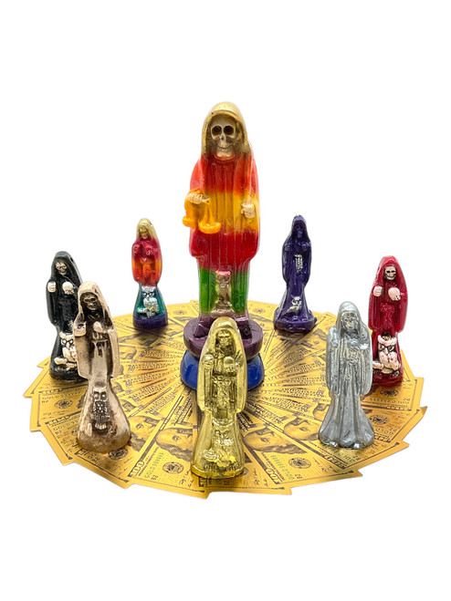 Santa Muerte & Golden Money Circle Talisman 8 Statues Set For Protection, Positive Changes, Open Road, ETC. #9 Multicolor Holding Scales