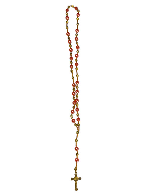 Elegant Rosary Bead Necklace With Crucifix Pendant In Red & Gold Tone