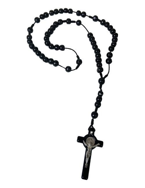 Saint Benedict San Benito Medallion & Jesus Crucifex Spiritual Rosary Necklace For Protection From Enemies & Increase Your Inner Strength (Version 3 Black Beads Black String)