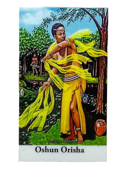 Oshun Orisha Laminated Prayer Card: Love & Prosperity (Spanish 3.5” x 2”)