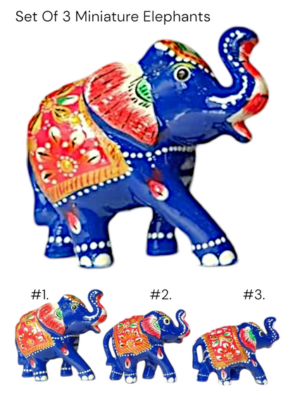 Hand-painted Miniature Elephant Statues in blue with colorful designs, Set of 3, for Wisdom, Strength, Protection, Good Fortune, Spiritual Guidance, and Harmonizing Energy. Sizes: 3.5", 2.5", 3".