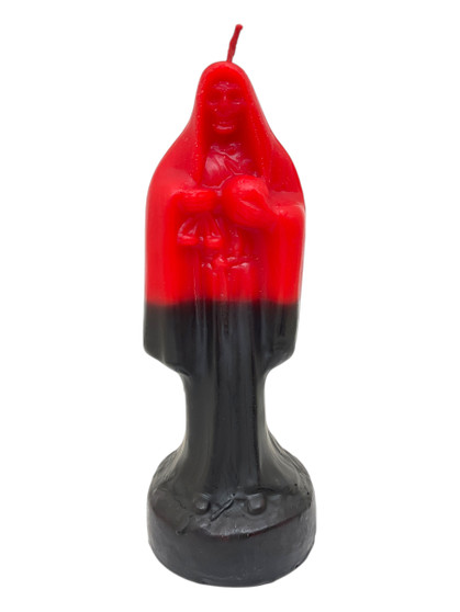 Black and Red Santa Muerte Figure Candle - 10-inch candle representing Santa Muerte, ideal for rituals focused on transformation, empowerment, and removing obstacles.