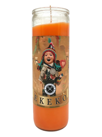 Ekeko 7 Day Prayer Candle in orange glass, symbolizing abundance, wealth, and prosperity.