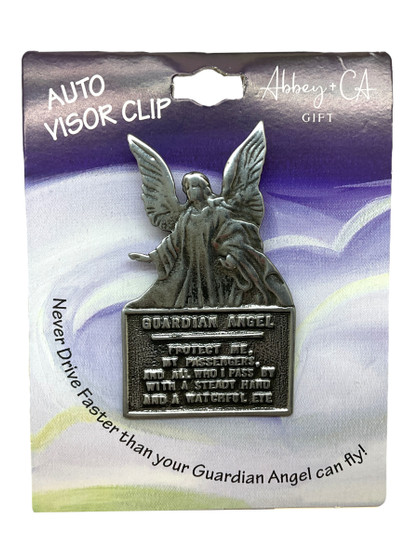 Silver Guardian Angel Visor Clip with the prayer “Protect Me, My Passengers, and All Who I Pass By,” size 2.25 inches.
