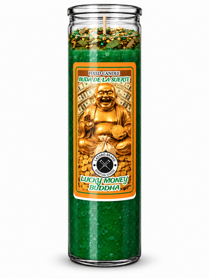 Lucky Money Buddha / Buda de la Suerte - Dressed & Blessed 7 Day Candle  Prosperity • Good Fortune • Abundance • Success