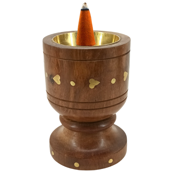 Hearts & Dots Design Round Wooden Incense Cone & Tea Light Candle Holder 4" 