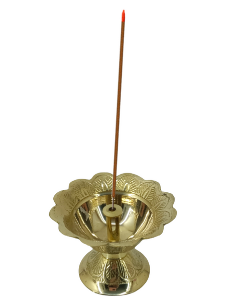 Floral Brass Puja Lamp Incense Stick Holder 2.5" 