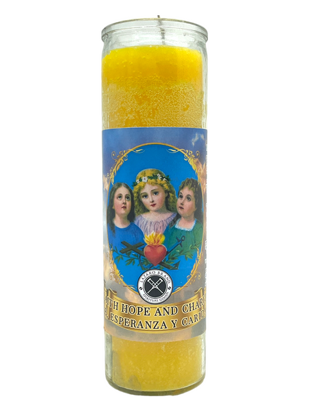 Faith, Hope & Charity Fe, Esperanza Y Caridad Yellow 7 Day Prayer Candle For Protection, Healing, Inner Peace, ETC.